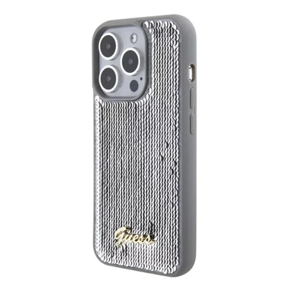 Guess Sequin Script Metal Apple iPhone 15 Pro Max hátlap tok, ezüst