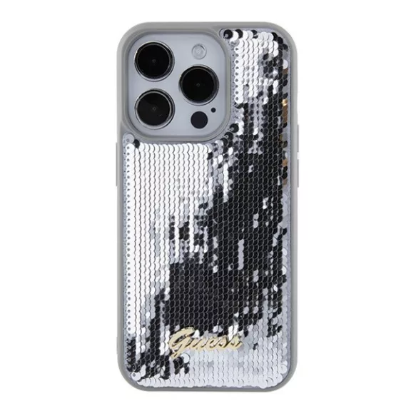 Guess Sequin Script Metal Apple iPhone 15 Pro Max hátlap tok, ezüst