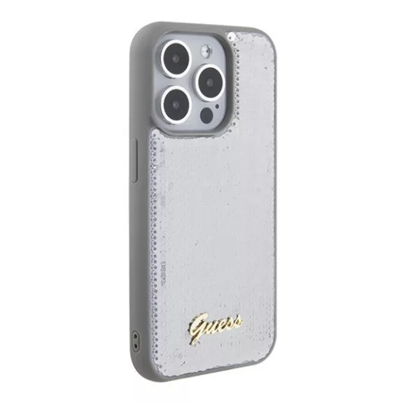 Guess Sequin Script Metal Apple iPhone 15 Pro Max hátlap tok, ezüst