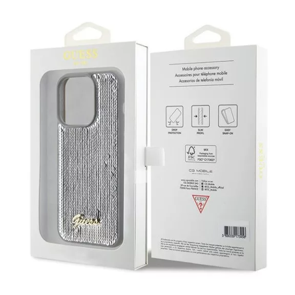 Guess Sequin Script Metal Apple iPhone 15 Pro Max hátlap tok, ezüst