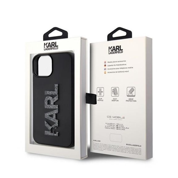 Karl Lagerfeld 3D Rubber Glitter Logo Apple iPhone 15 hátlap tok, fekete