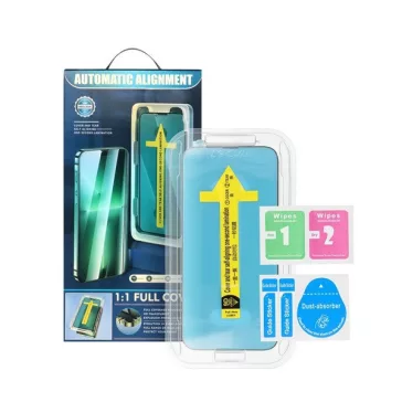   Apple iPhone 15 Plus / iPhone 16 Plus 5D Full Glue hajlított tempered glass kijelzővédő üvegfólia felhelyezőkerettel, fekete