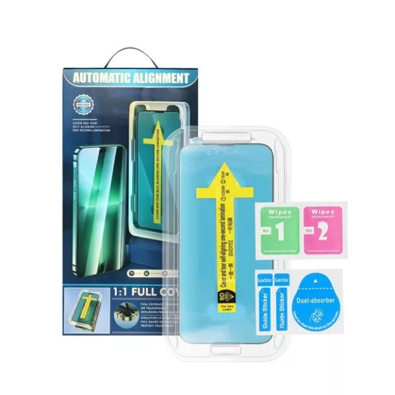 Apple iPhone 15 Pro Max, 5D Full Glue hajlított tempered glass kijelzővédő üvegfólia felhelyezőkerettel, fekete