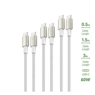   4smarts PremiumCord USB-C / USB-C töltő- és adatkábel szett,  60W, 3x0.5M+1.5M+3M, fehér / ezüst