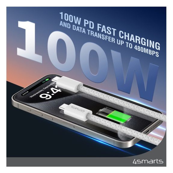 4smarts RollUp USB / USB-C mágnesesen feltekerhető töltő- és adatkábel, 1.5m, fehér