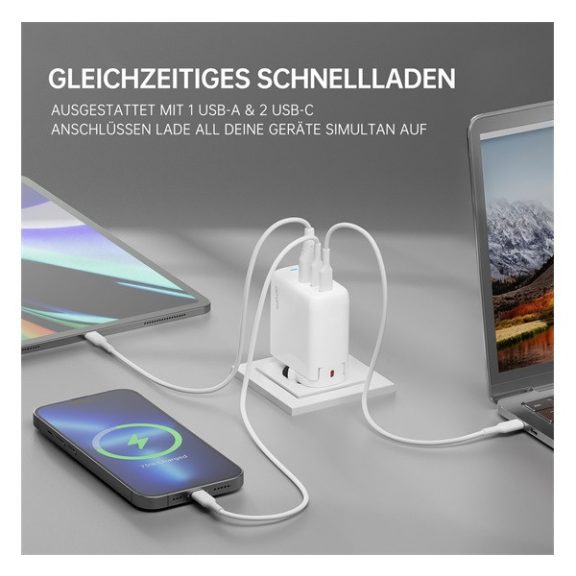 4smarts GaN Flex töltő adapter 2xUSB-C + 1 USB-A, 65W, fehér