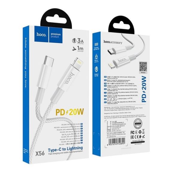 Hoco X56 USB-C / Lightning töltő- és adatkábel, 20W, 1m, fehér