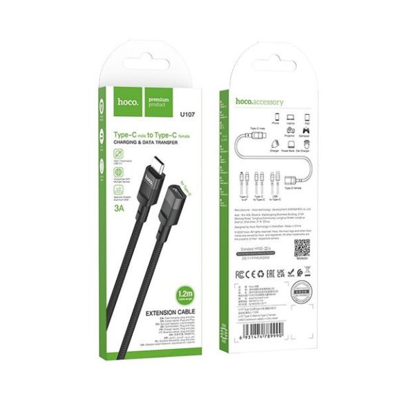 Hoco U107 USB-C hosszabbító kábel 1,2m, fekete