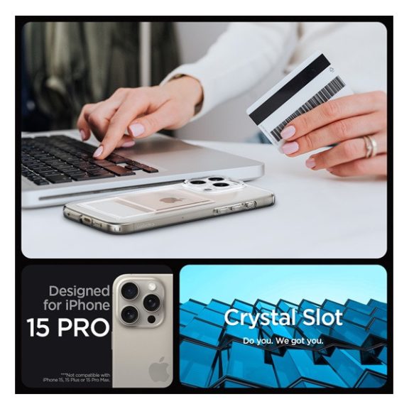Spigen Crystal Slot Apple iPhone 15 Pro tok kártyatartóval, Crystal Clear, átlátszó