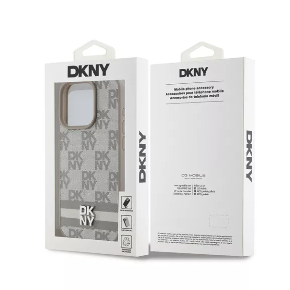 DKNY PU Leather Checkered Pattern and Stripe Apple iPhone 15 Pro tok, bézs