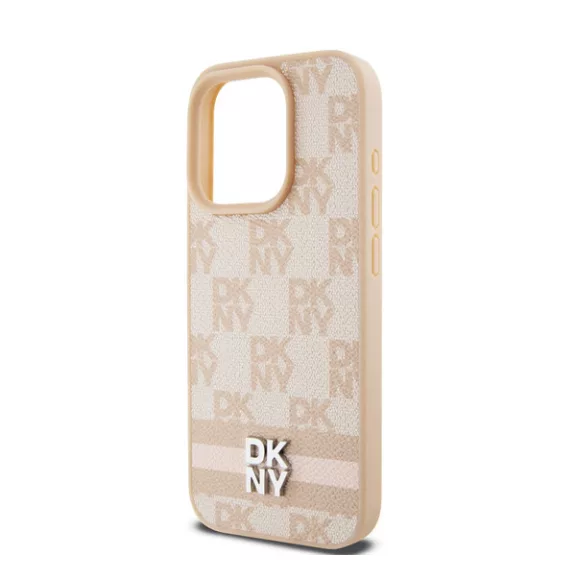 DKNY PU Leather Checkered Pattern and Stripe Apple iPhone 15 Pro tok, rózsaszín
