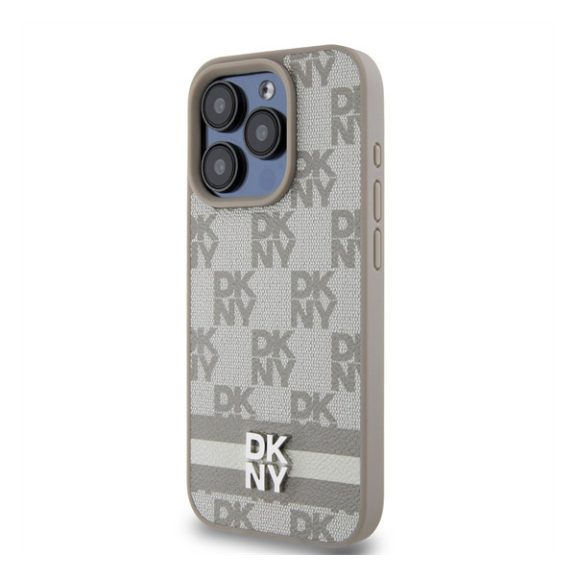 DKNY PU Leather Checkered Pattern and Stripe iPhone 13 Pro hátlap tok, bézs