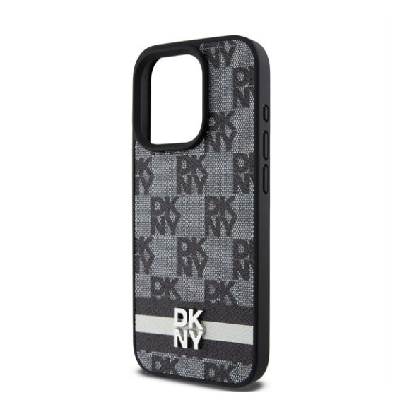 DKNY PU Leather Checkered Pattern and Stripe iPhone 13 Pro hátlap tok, fekete