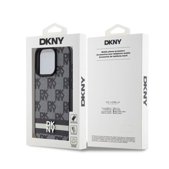 DKNY PU Leather Checkered Pattern and Stripe iPhone 13 Pro Max hátlap tok, fekete
