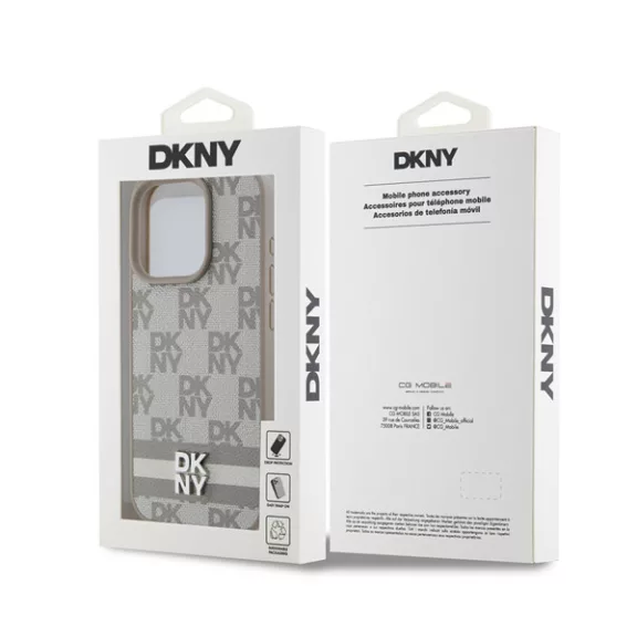 DKNY PU Leather Checkered Pattern and Stripe iPhone 14 Pro hátlap tok, bézs
