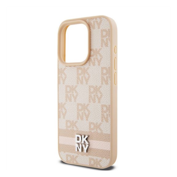 DKNY PU Leather Checkered Pattern and Stripe iPhone 14 Pro hátlap tok, rózsaszín