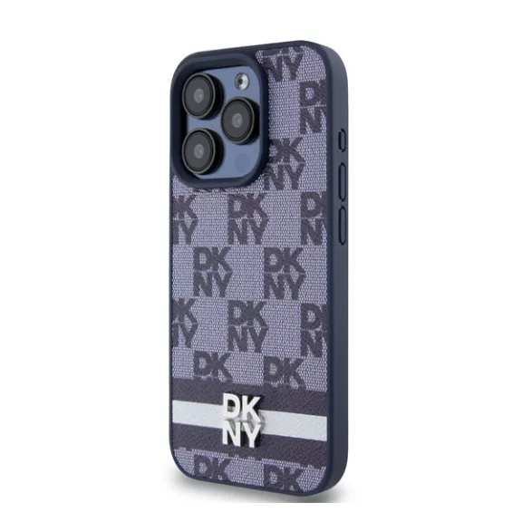DKNY PU Leather Checkered Pattern and Stripe iPhone 15 Pro Max hátlap tok, kék