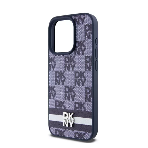 DKNY PU Leather Checkered Pattern and Stripe iPhone 15 Pro Max hátlap tok, kék