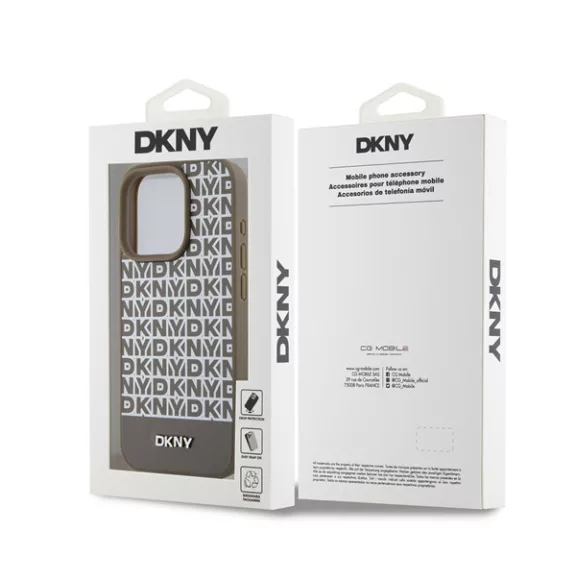 DKNY PU Leather Repeat Pattern Bottom Stripe iPhone 14 Pro hátlap tok, barna