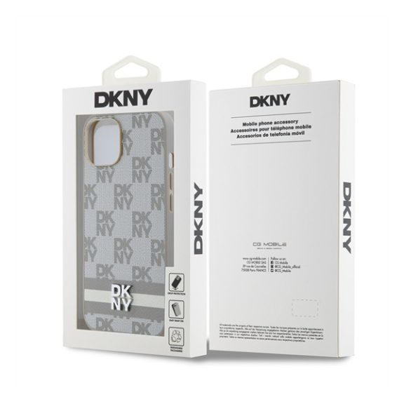 DKNY PU Leather Checkered Pattern and Stripe Apple iPhone 15 hátlap tok, bézs