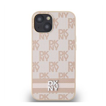  DKNY PU Leather Checkered Pattern and Stripe Apple iPhone 13 hátlap tok, rózsaszín