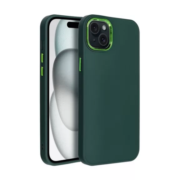 Frame iPhone 15 Plus közepesen ütésálló tok kameravédő kerettel, zöld