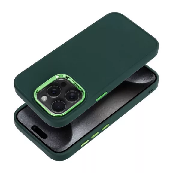 Frame iPhone 15 Pro közepesen ütésálló tok kameravédő kerettel, zöld