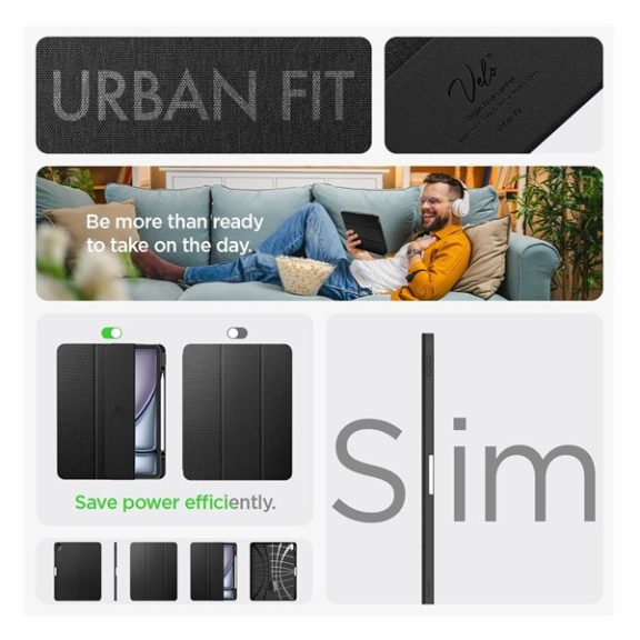 Spigen Urban Fit Apple iPad Air 13" (2024 / 2025) oldalra nyíló tok, fekete