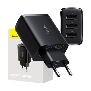Baseus kompakt gyorstöltő 3x USB, 17W, Fekete