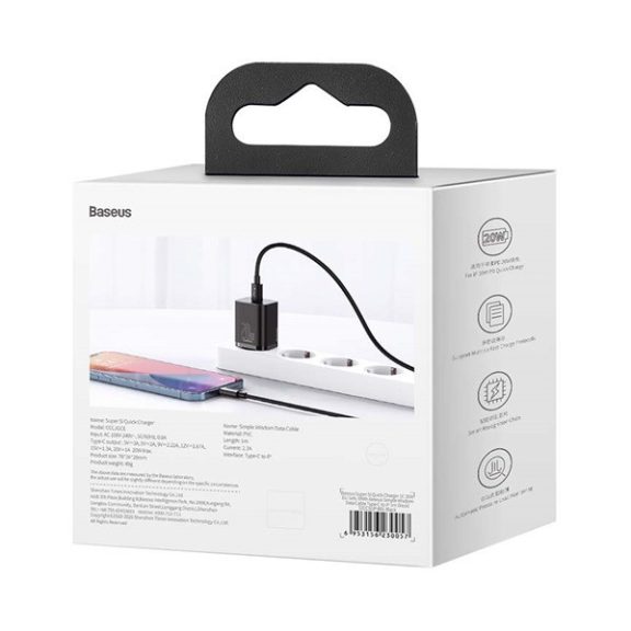 Baseus Super Si USB-AUSB-C gyorstöltő 1 m-es USB-AUSB-C-Lightning kábellel, 20W, fekete