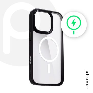   Phoner Custom Hybrid Apple iPhone 15 MagSafe kompatibilis hátlap tok, fekete (fekete gombokkal)