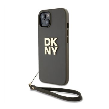   DKNY PU Leather Stack Logo Apple iPhone 15 hátlap tok csuklópánttal, barna