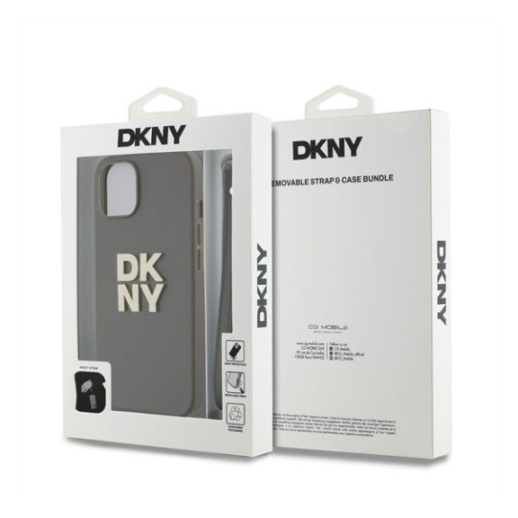 DKNY PU Leather Stack Logo Apple iPhone 15 hátlap tok csuklópánttal, barna