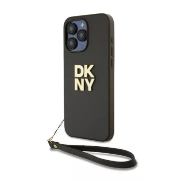   DKNY PU Leather Stack Logo Apple iPhone 15 Pro hátlap tok csuklópánttal, barna