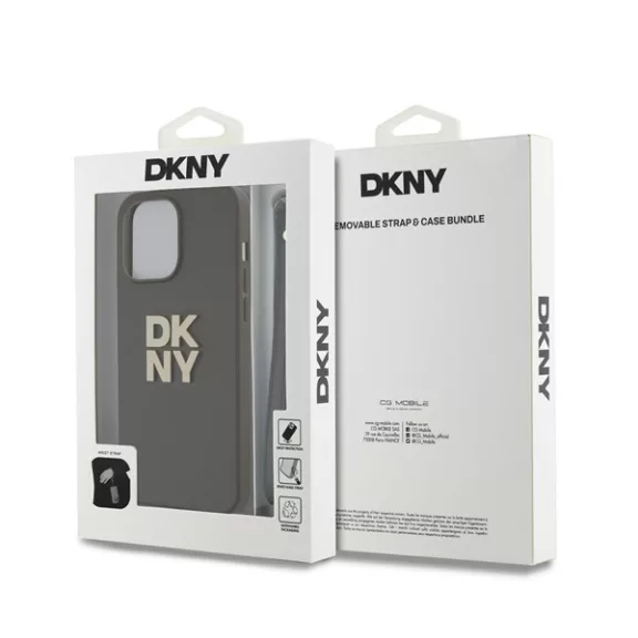 DKNY PU Leather Stack Logo Apple iPhone 15 Pro hátlap tok csuklópánttal, barna