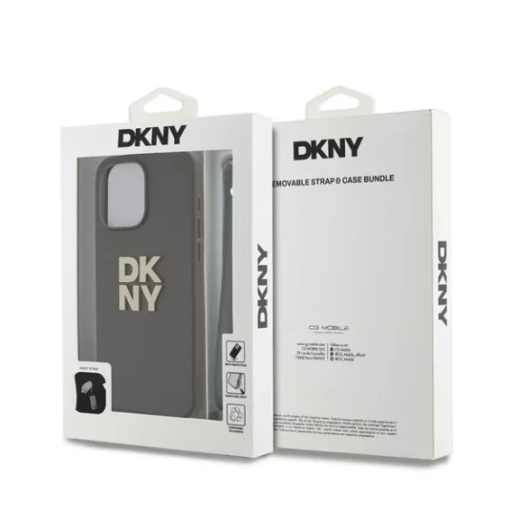 DKNY PU Leather Stack Logo Apple iPhone 15 Pro Max hátlap tok csuklópánttal, barna