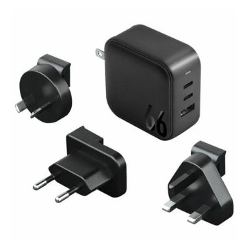   Energea Travelite GAN66 1xUSB-A/ 2xUSB-C utazó gyorstöltő adapter, (PD-PPS-QC 3.0) 66W, fekete (US/EU)