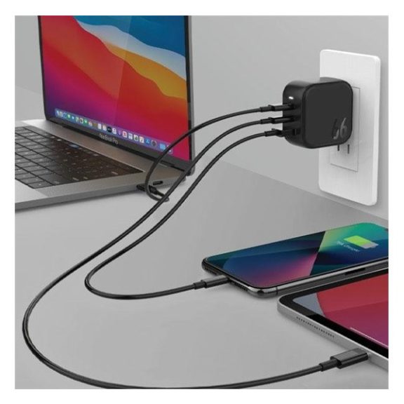 Energea Travelite GAN66 1xUSB-A/ 2xUSB-C utazó gyorstöltő adapter, (PD-PPS-QC 3.0) 66W, fekete (US/EU)