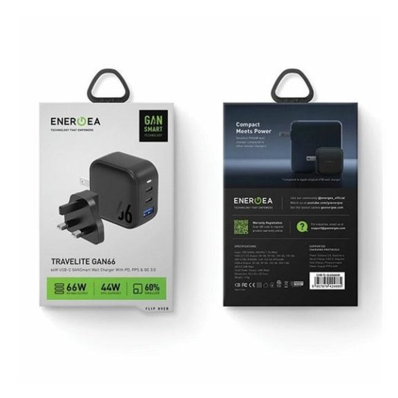 Energea Travelite GAN66 1xUSB-A/ 2xUSB-C utazó gyorstöltő adapter, (PD-PPS-QC 3.0) 66W, fekete (US/EU)