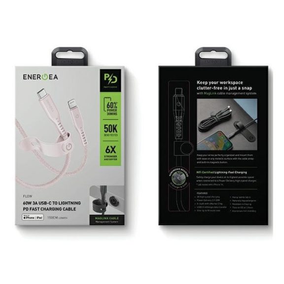 Energea Flow C94 USB-C / Lightning MFI szövet gyorstöltő- és adatkábel, 1.5m, 60W, 3A, rózsaszín