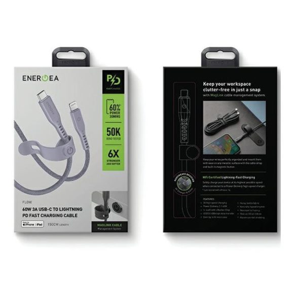 Energea Flow C94 USB-C / Lightning MFI szövet gyorstöltő- és adatkábel, 1.5m, 60W, 3A, lila
