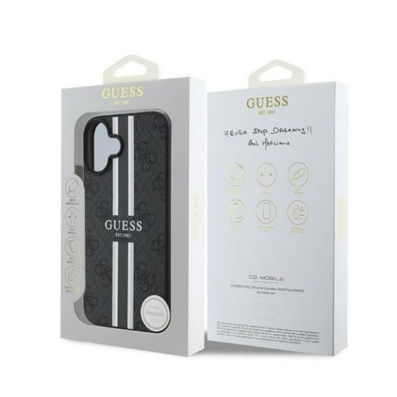 Guess 4G Printed Stripes MagSafe Apple iPhone 16 Plus hátlap tok, fekete/barna GUHMP16MP4RPSK