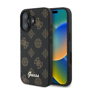   Guess PU Peony Script Apple iPhone 16 Plus MagSafe kompatibilis tok, fekete/barna GUHMP16MPGPYSK