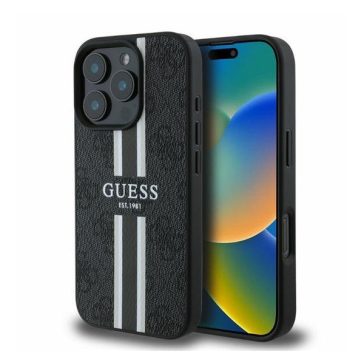   Guess 4G Printed Stripes MagSafe Apple iPhone 16 Pro Max hátlap tok, fekete/barna GUHMP16XP4RPSK