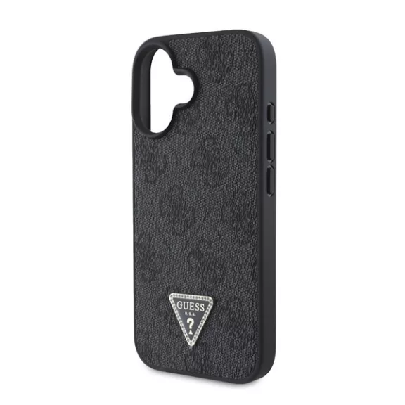 Guess PU 4G Strass Triangle Metal Logo Apple iPhone 16 hátlap tok Crossbody pánttal, fekete