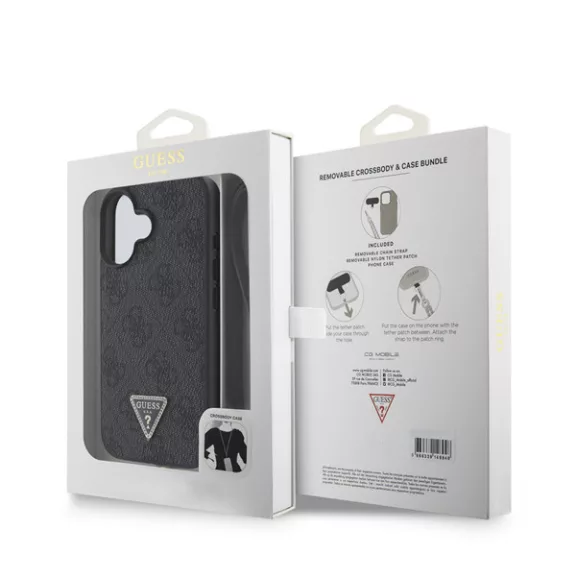 Guess PU 4G Strass Triangle Metal Logo Apple iPhone 16 hátlap tok Crossbody pánttal, fekete