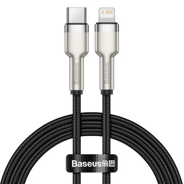   USB Type-C töltő- és adatkábel, Lightning, 25 cm, 20W, törésgátlóval, gyorstöltés, PD, cipőfűző minta, Baseus Cafule Metal, CATLJK-01, fekete