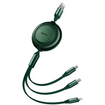   USB töltő- és adatkábel 3in1, USB Type-C, Lightning, microUSB, 110 cm, 3500 mA, gyorstöltés, lapos, feltekerhető, Baseus Bright Mirror 2, CAMJ010006, sötétzöld