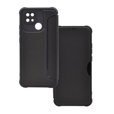   Xiaomi Redmi 10C, Oldalra nyíló tok, légpárnás sarok, bőrhatású, karbon minta, Razor Book, fekete