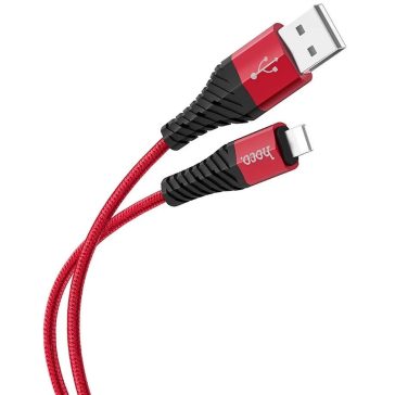   USB töltő- és adatkábel, Lightning, 100 cm, 2400 mA, törésgátlóval, gyorstöltés, QC, cipőfűző minta, Hoco X38 Cool, piros